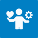 Das Symbol zeigt eine Person mit einem Herz in der linken Hand und einem Zahnrad in der rechten Hand. Der Hintergrund ist blau, die Figuren sind weiß.