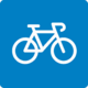 Das Symbol zeigt ein stilisiertes Fahrrad in Weiß auf blauem Hintergrund. Es steht für umweltfreundliche Mobilität, Bewegung und Nachhaltigkeit – etwa im Zusammenhang mit Fahrradförderung, Gesundheit oder klimafreundlichem Arbeitsweg.