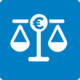 Das Symbol zeigt eine weiße Waage auf blauem Hintergrund. In der Mitte befindet sich ein Eurozeichen (€), das für finanzielle Ausgewogenheit oder Kosten-Nutzen-Verhältnis steht.