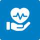 Das Symbol zeigt eine offene Hand, die ein Herz mit einer stilisierten Herzschlaglinie hält. Der Hintergrund ist blau, die Symbole sind weiß. Es steht für Gesundheit, Sicherheit und Fürsorge – etwa im Zusammenhang mit Arbeitsschutz, Wohlbefinden oder medizinischer Betreuung.